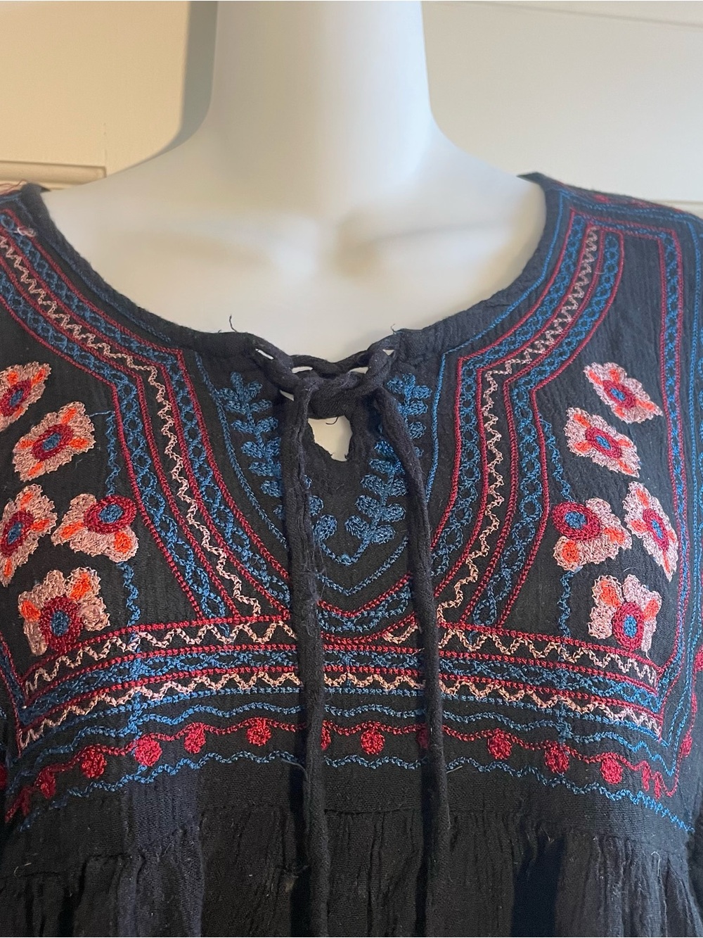Japna Black Embroidered Peasant Blouse with Red and Blue Accents